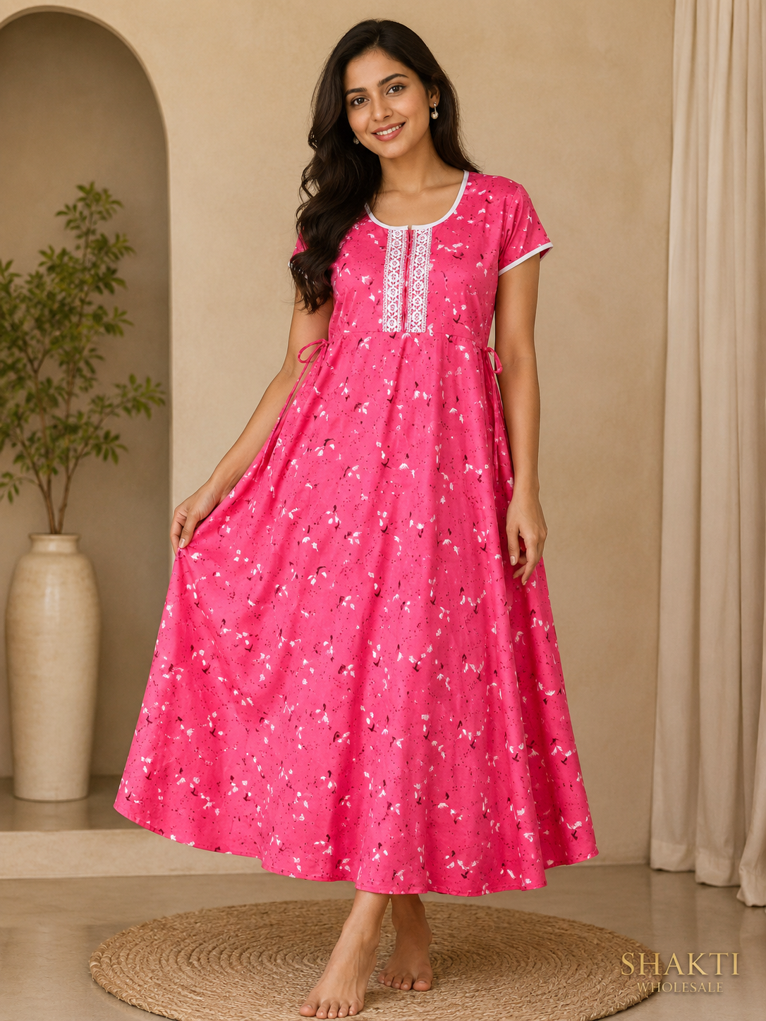 Rani Pink Floral Maxi Nighty with Lace Placket