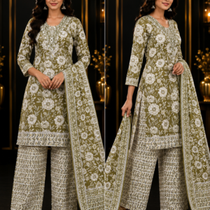 Olive Floral Kurta, Chevron Palazzo & Dupatta Set