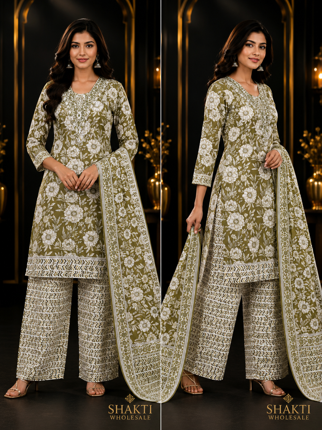 Olive Floral Kurta, Chevron Palazzo & Dupatta Set