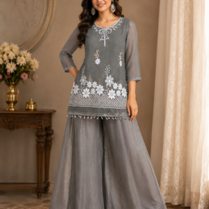 Grey Organza Embroidered Short Kurta & Sharara Set