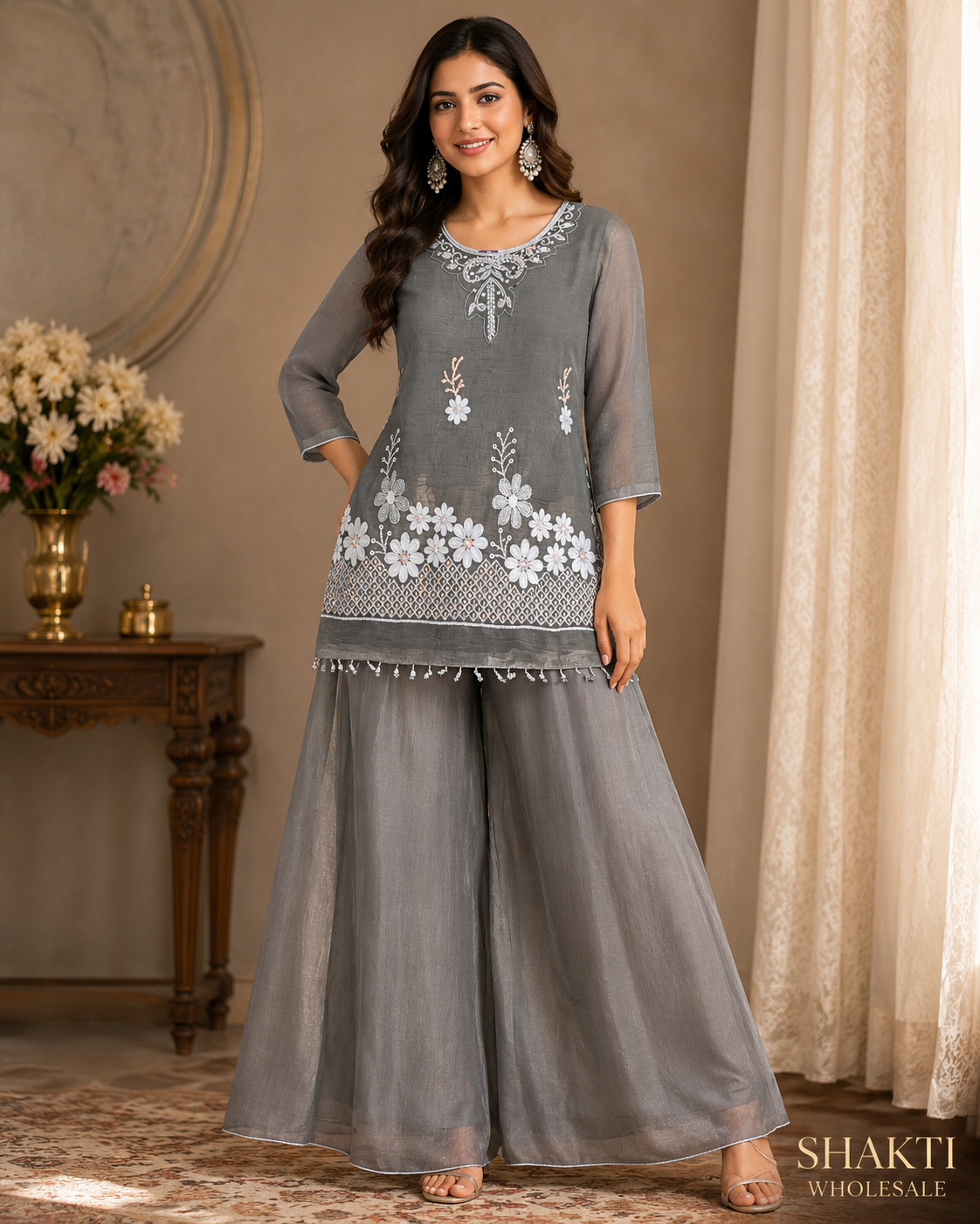 Grey Organza Embroidered Short Kurta & Sharara Set