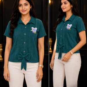 Teal Tie-Front Collared Shirt with Patch