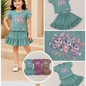 Girls 'Happy Easter' Bunny Print Top & Ruffle Skirt Set