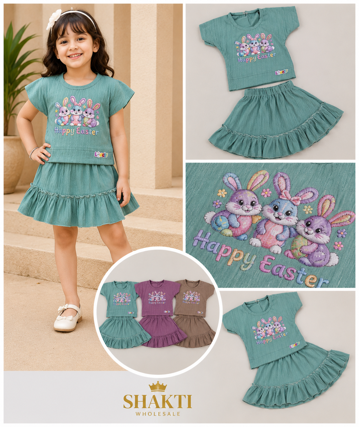 Girls 'Happy Easter' Bunny Print Top & Ruffle Skirt Set