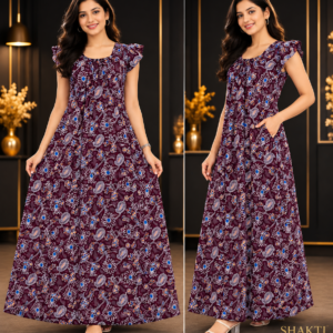 Wine Paisley Print Flutter-Sleeve Maxi Nighty