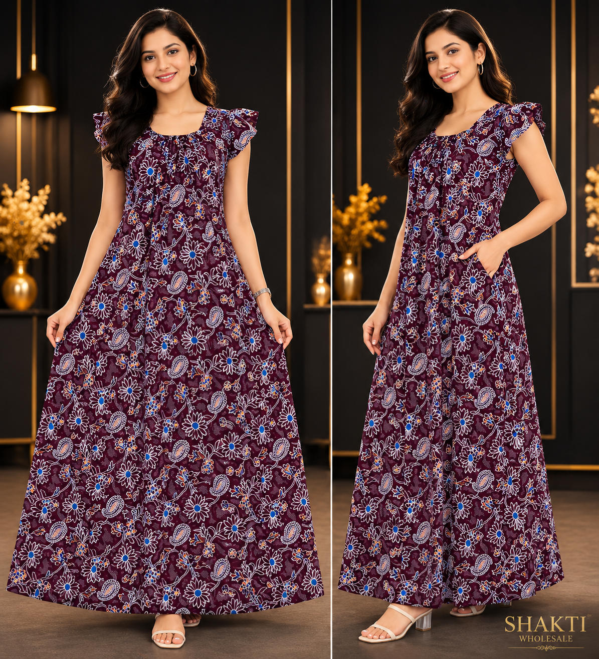 Wine Paisley Print Flutter-Sleeve Maxi Nighty