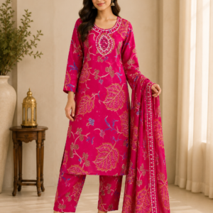Rani Pink Batik Floral Kurta, Pant & Dupatta Set