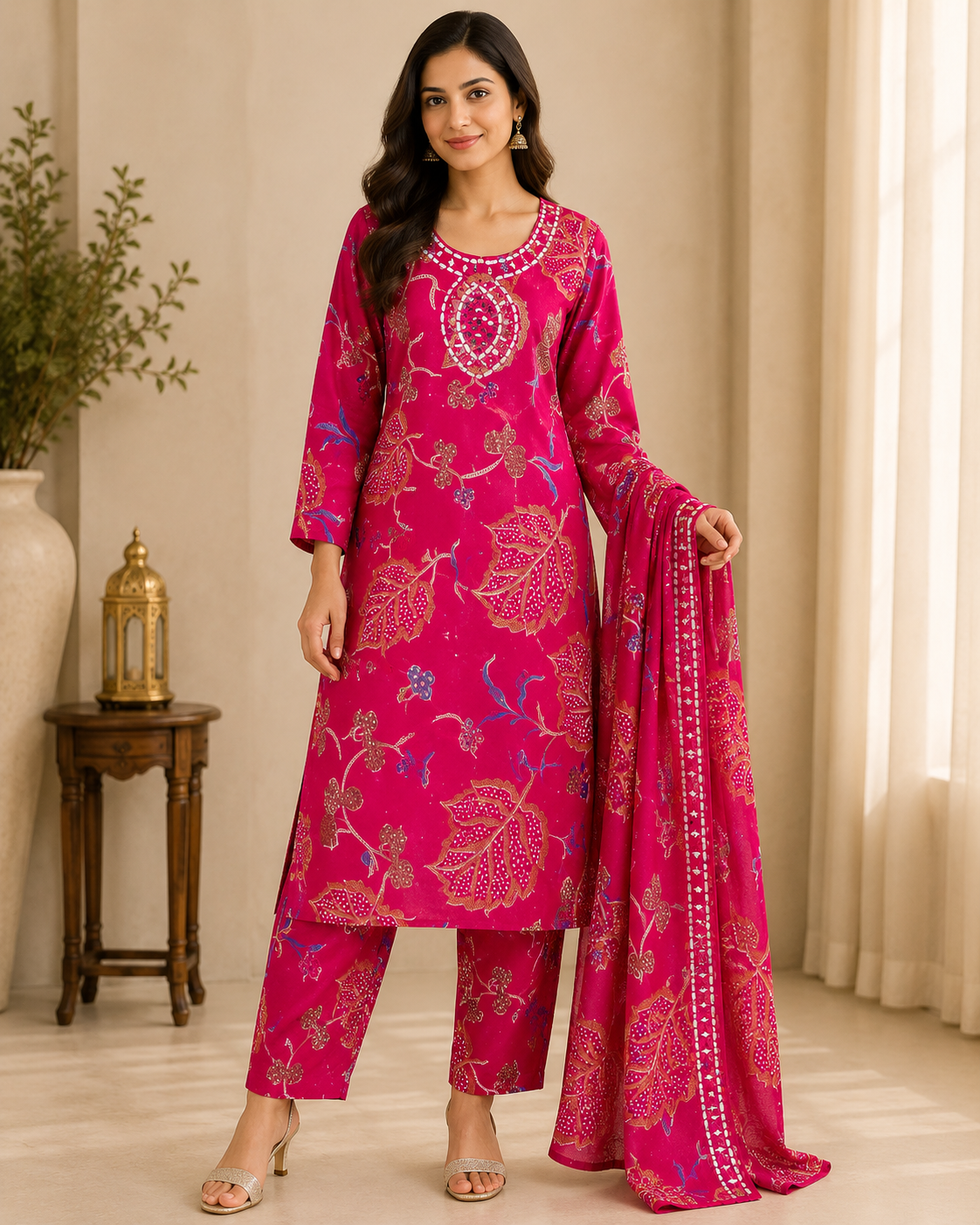 Rani Pink Batik Floral Kurta, Pant & Dupatta Set