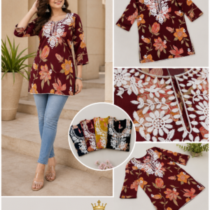Maroon Floral Short Kurti with White Embroidery - 5 Colours