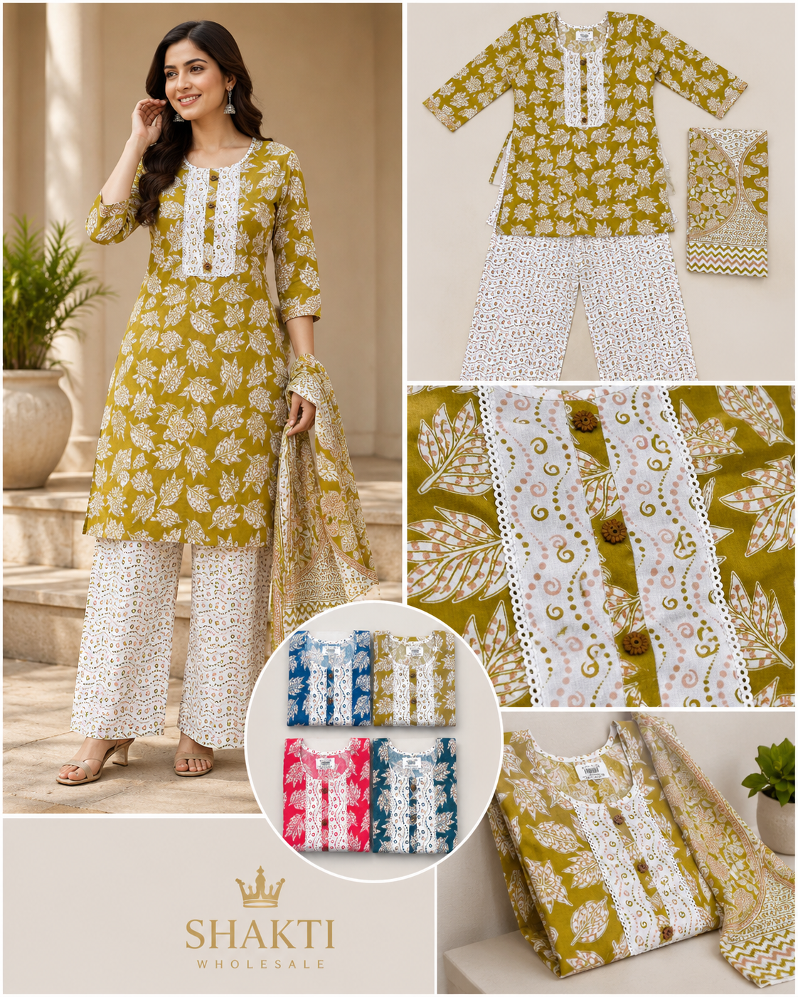 Mustard Block Print Kurta, Palazzo & Dupatta Set - 4 Colours