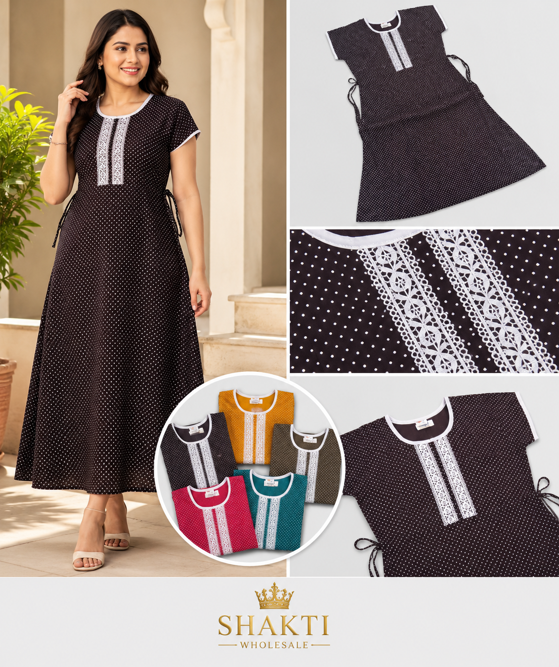 Polka Dot Maxi Nighty with Lace Placket - 6 Colours