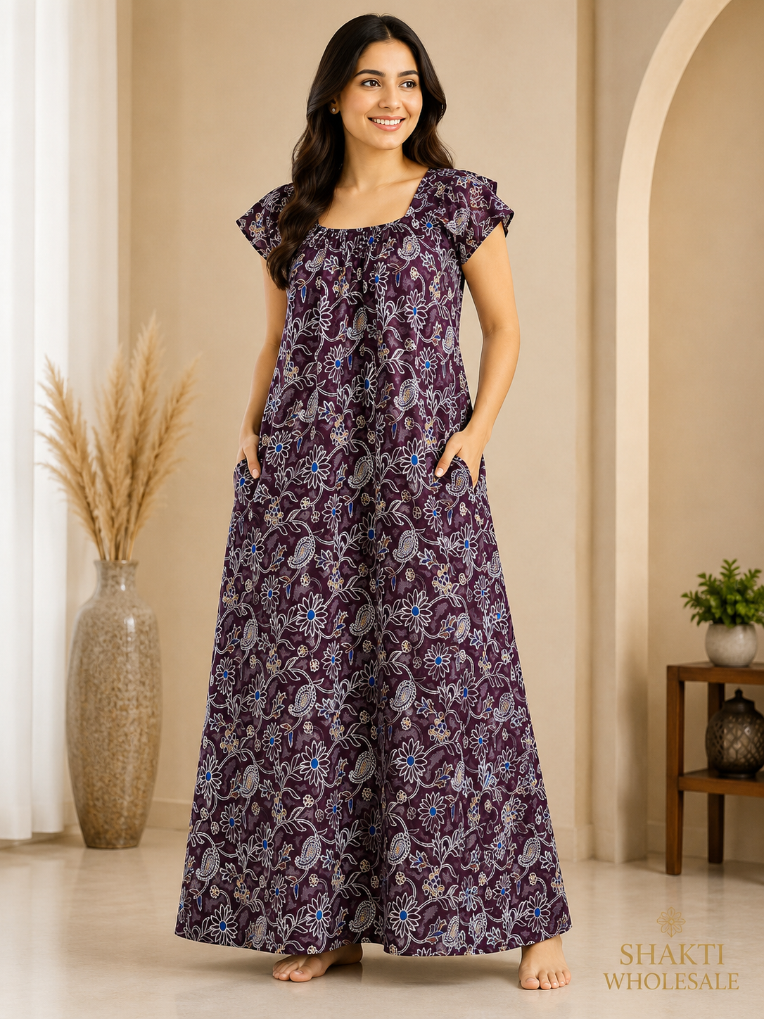 Purple Paisley Flutter-Sleeve Maxi Nighty