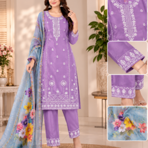 Lilac Chikankari Embroidered Kurta, Pant & Dupatta Set