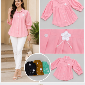 Pleated Collared Shirt with Flower Brooch - 4 Colours