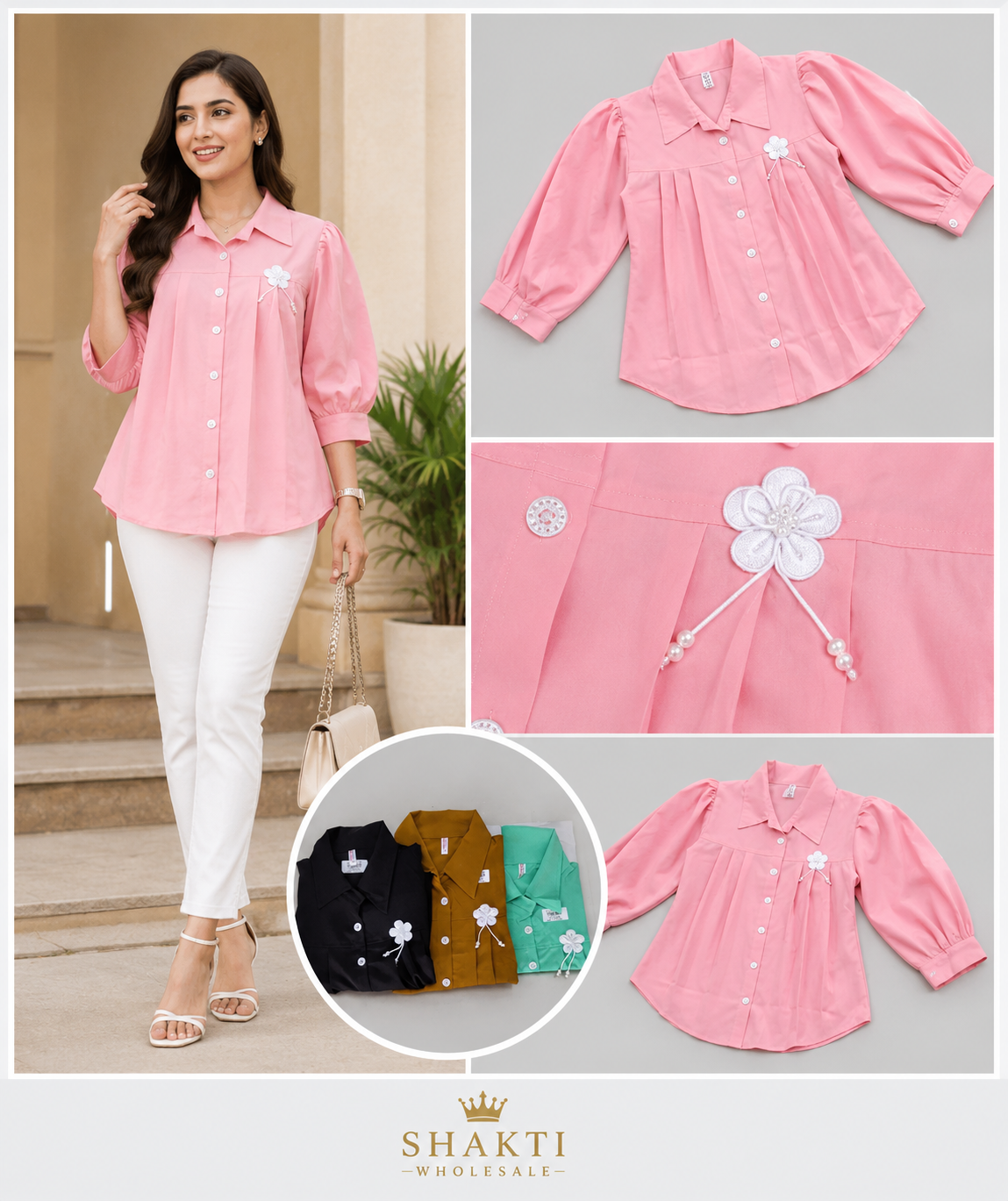 Pleated Collared Shirt with Flower Brooch - 4 Colours