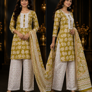 Mustard Block Print Kurta, Palazzo & Dupatta Set - Two Views