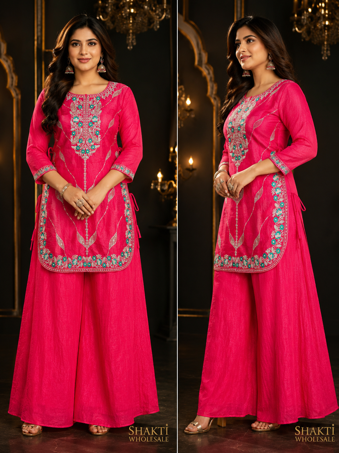 Rani Pink Embroidered Scalloped Kurta & Palazzo Set