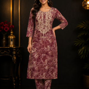 Maroon Abstract Print Kurta & Pant Set with Gold Embroidery