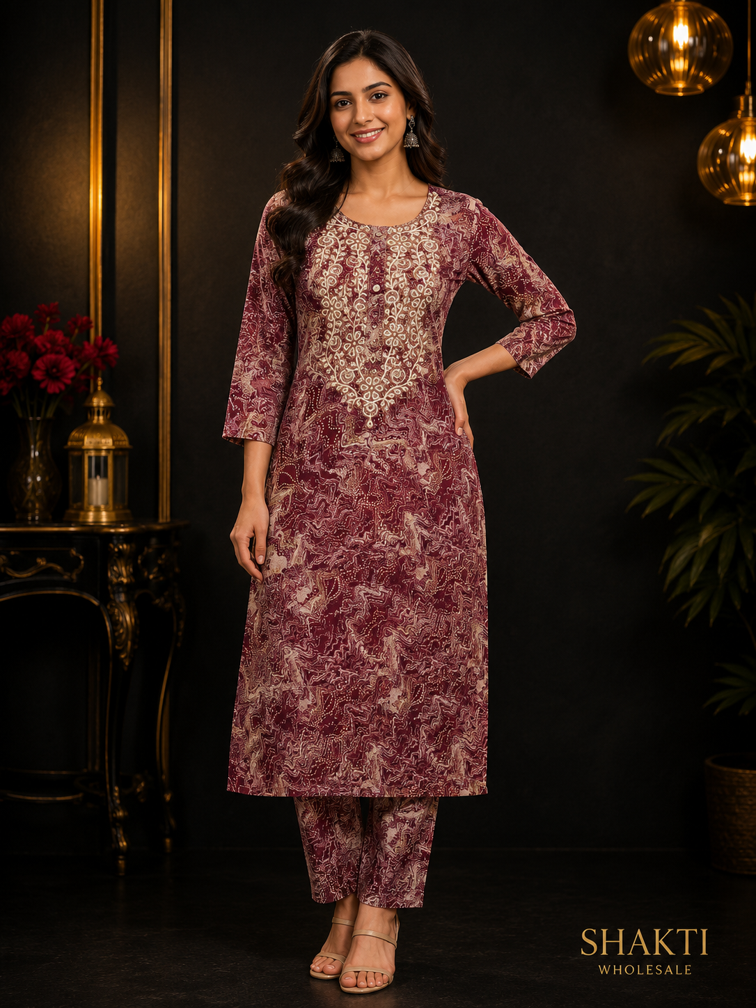 Maroon Abstract Print Kurta & Pant Set with Gold Embroidery