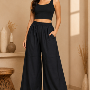 Black Panelled Wide-Leg Palazzo