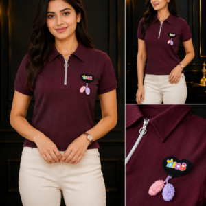 Wine Zip-Neck Polo Tee with Pom Charm