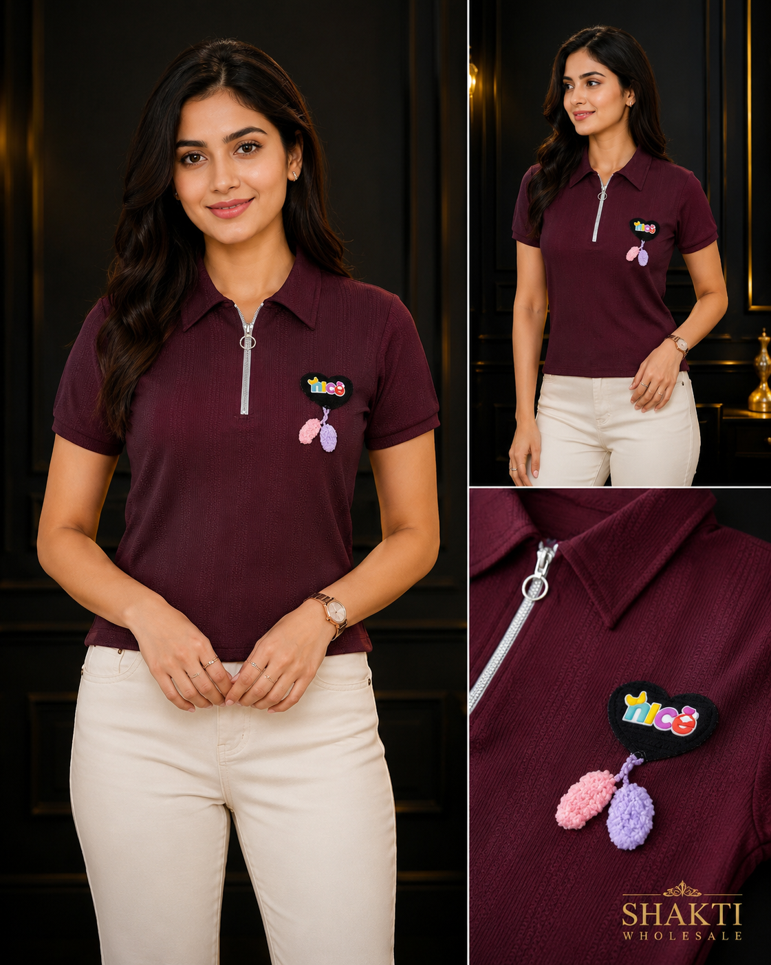 Wine Zip-Neck Polo Tee with Pom Charm