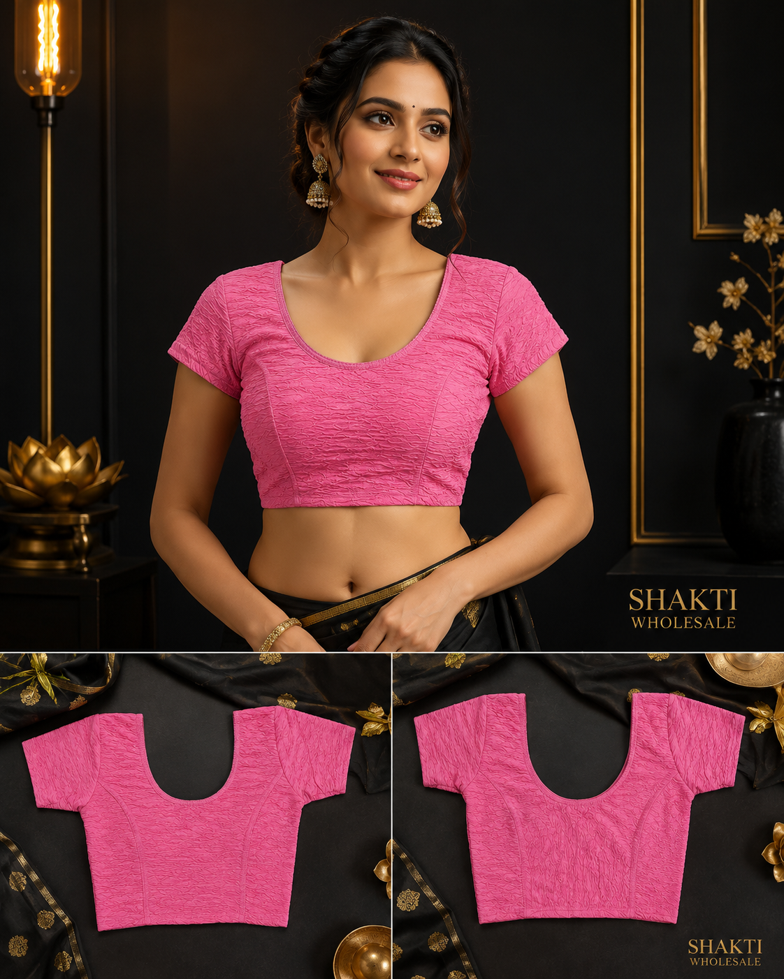 Pink Crushed Texture Readymade Blouse