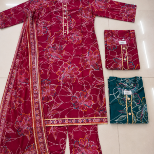 Maroon Floral Kurta, Pant & Dupatta Set - Flat Lay