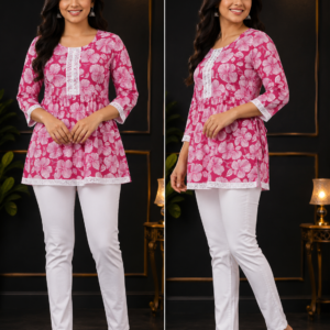 Pink Hibiscus Print Lace-Trim Peplum Top