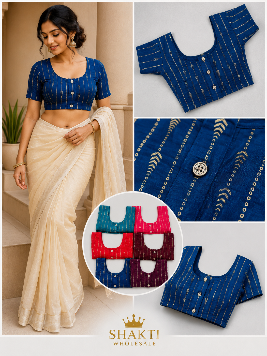 Blue Gold Stripe Readymade Blouse - 6 Colours