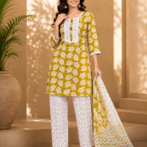 Mustard Leaf Block Print Kurta, Palazzo & Dupatta Set