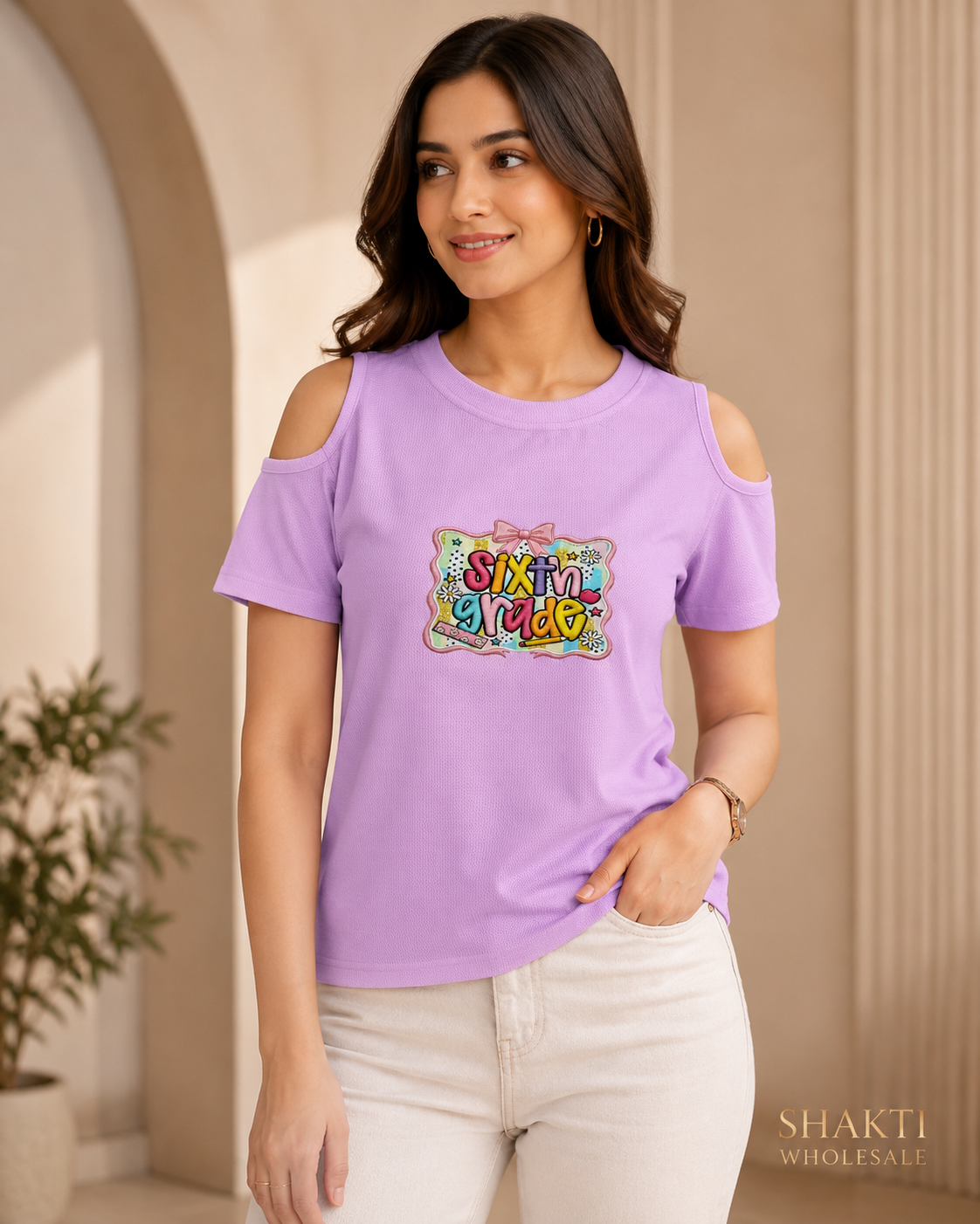 Lilac Cold-Shoulder Slogan Tee