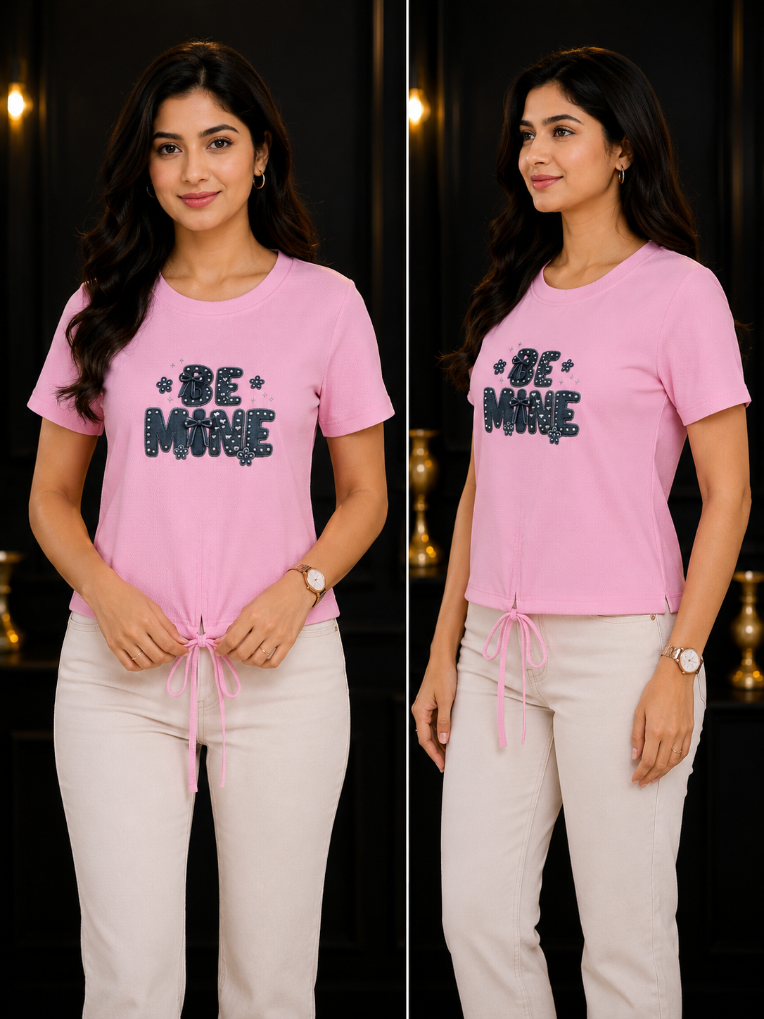 Pink 'Be Mine' Studded Tie-Hem Tee - Two Views