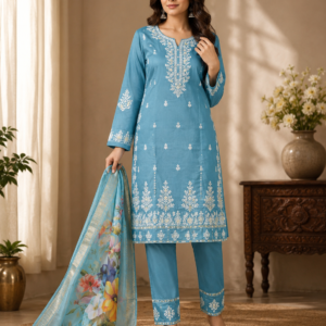 Blue Chikankari Kurta, Pant & Floral Dupatta Set