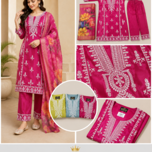 Rani Pink Embroidered Kurta, Pant & Floral Dupatta Set - 3 Colours