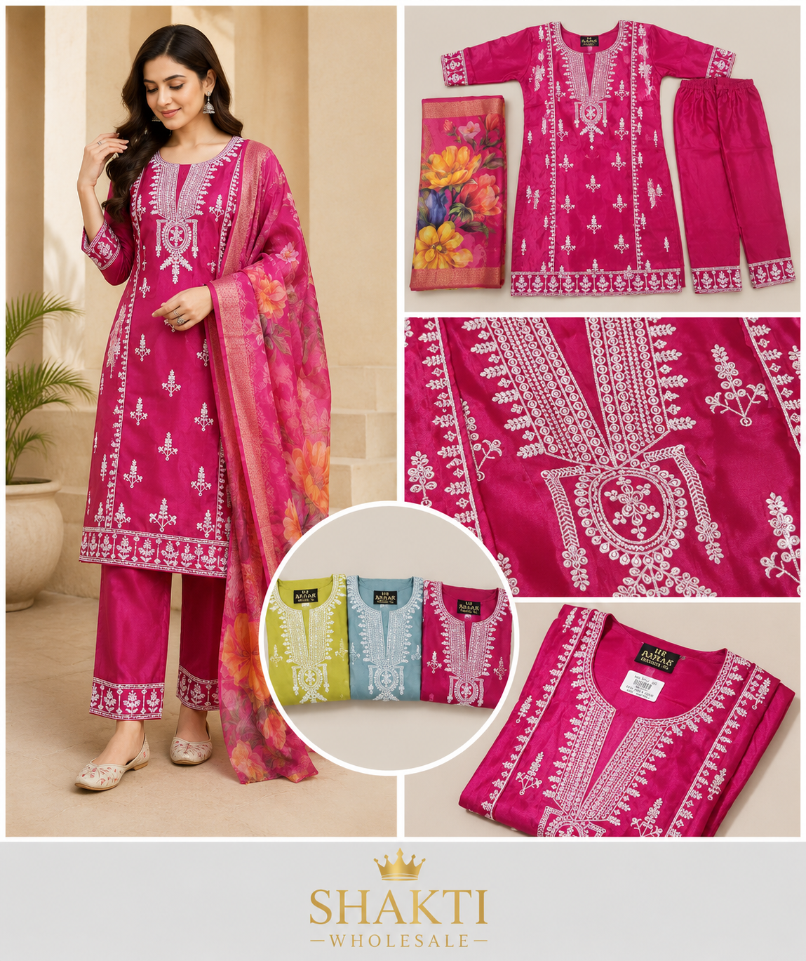 Rani Pink Embroidered Kurta, Pant & Floral Dupatta Set - 3 Colours