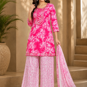 Pink Tropical Leaf Print Kurta, Palazzo & Dupatta Set