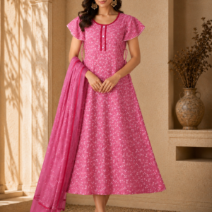 Pink Bandhani Print Flutter-Sleeve Anarkali Gown with Dupatta