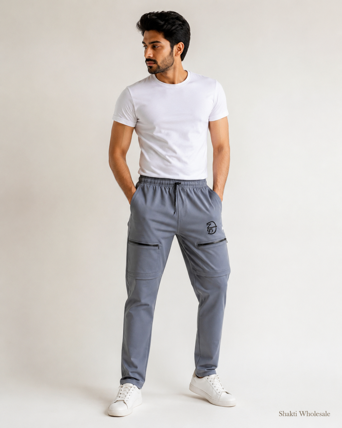 Mens Grey Zip-Pocket Cargo Track Pants
