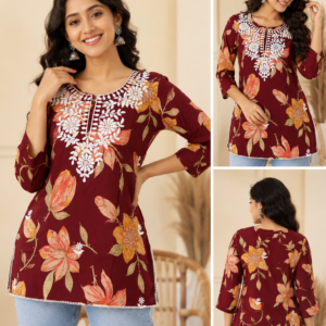 Maroon Floral Short Kurti with White Embroidery