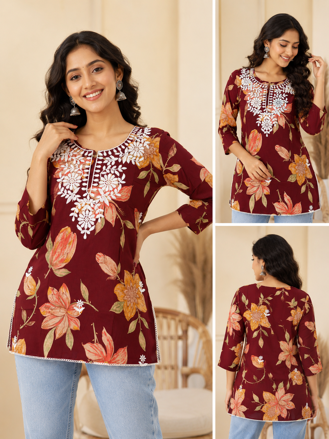 Maroon Floral Short Kurti with White Embroidery