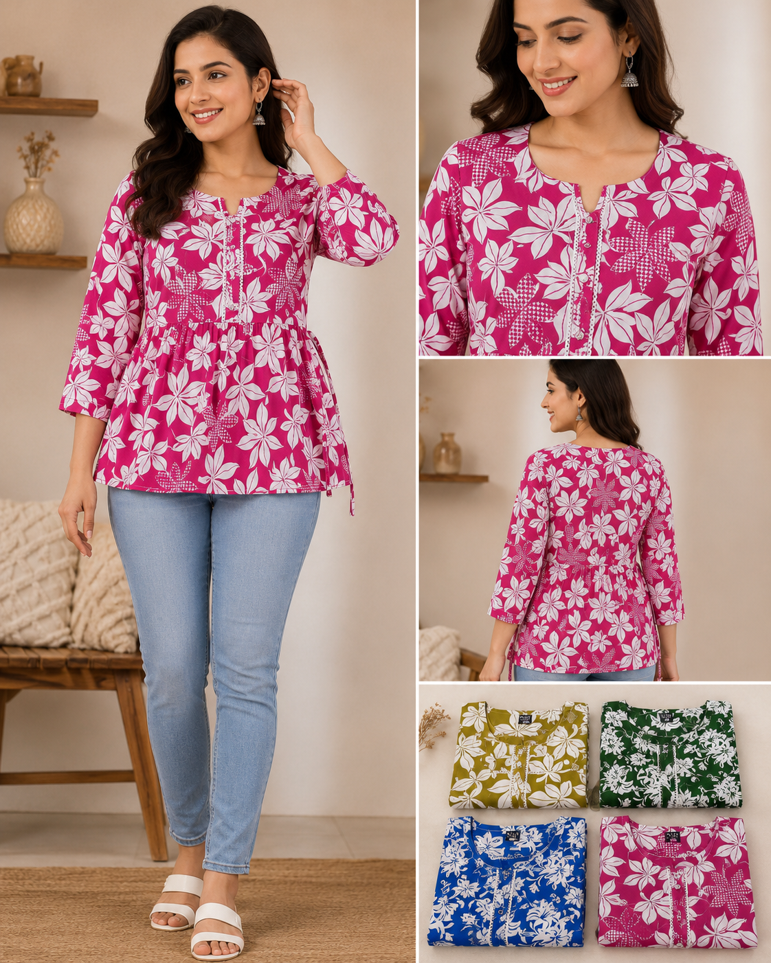 Floral Print Gathered Peplum Top - 4 Colours