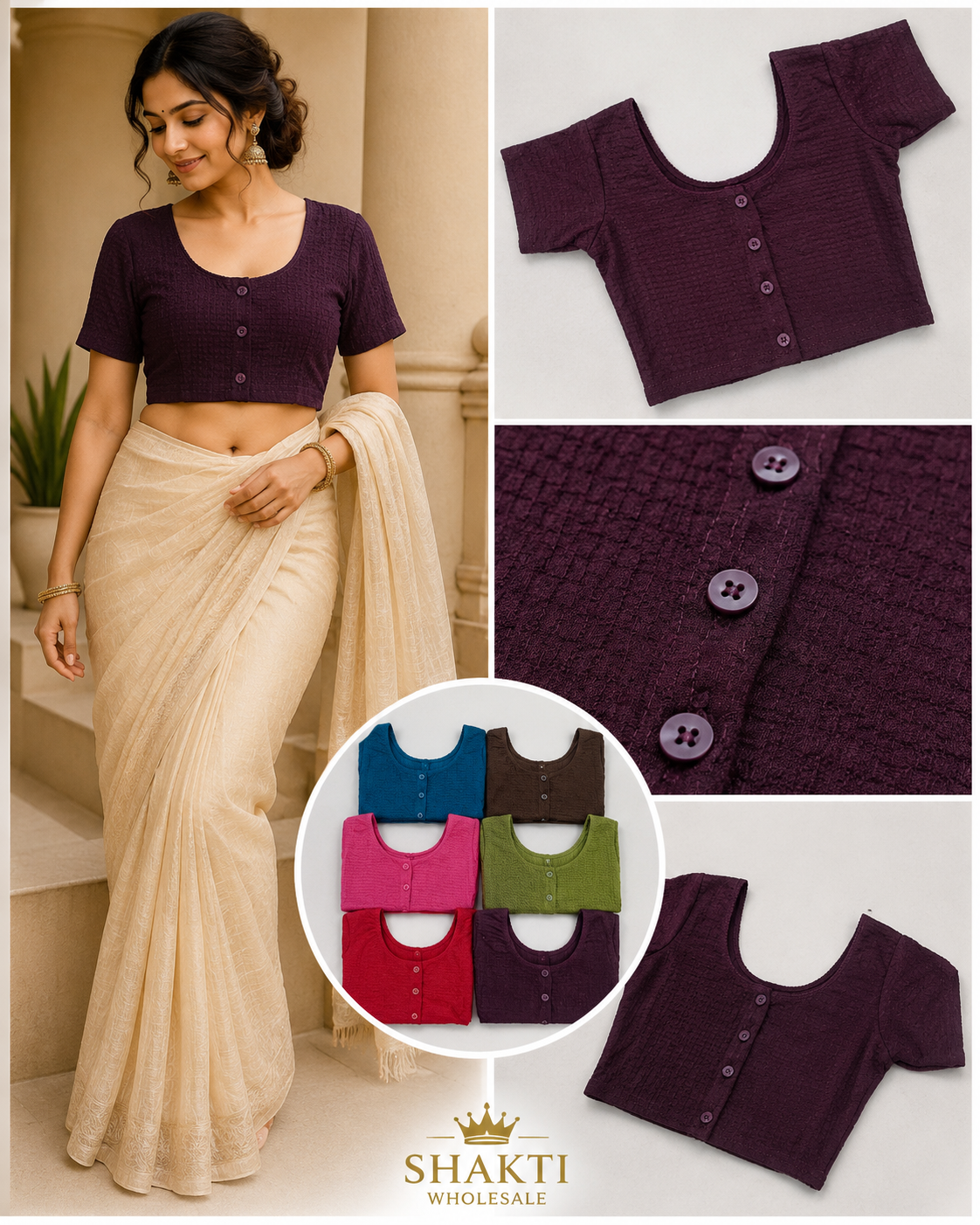 Wine Textured Button-Front Readymade Blouse - 6 Colours