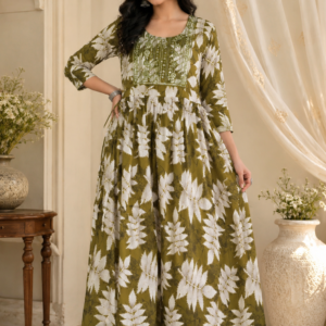 Olive Leaf Print Anarkali Gown with Embroidered Yoke