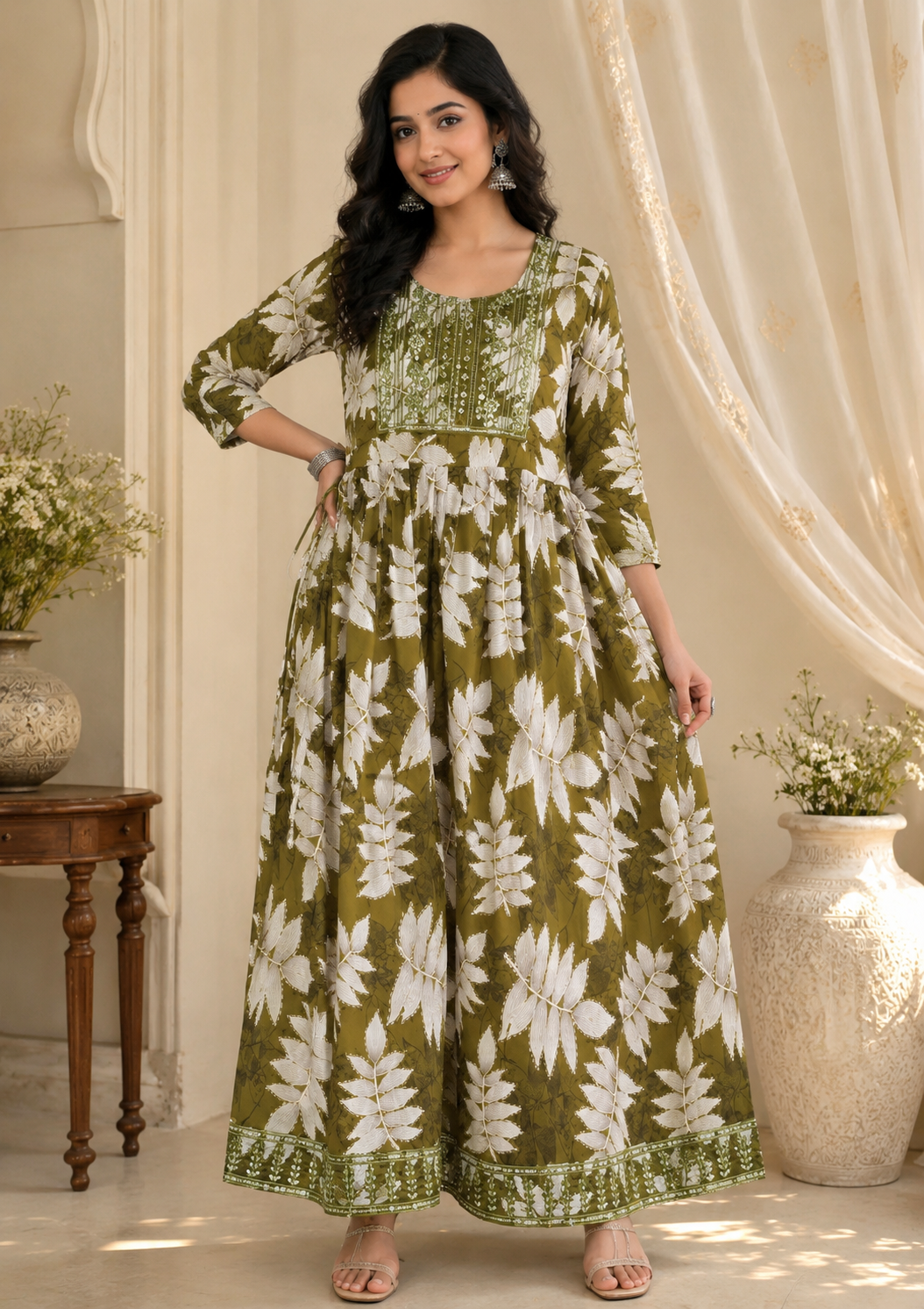 Olive Leaf Print Anarkali Gown with Embroidered Yoke