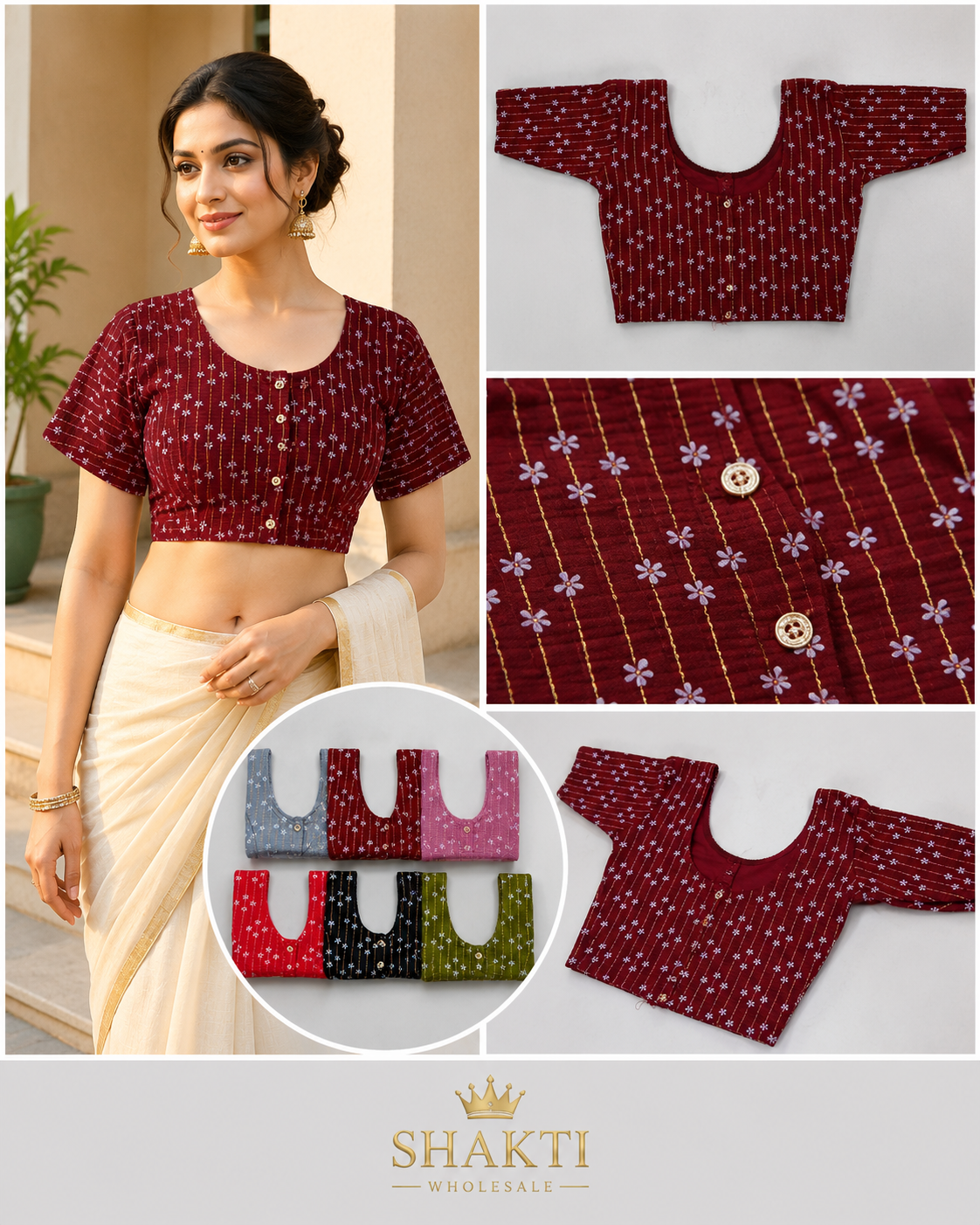 Maroon Gold Stripe Floral Readymade Blouse - 6 Colours