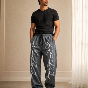 Mens Grey Lightning Print Baggy Trousers