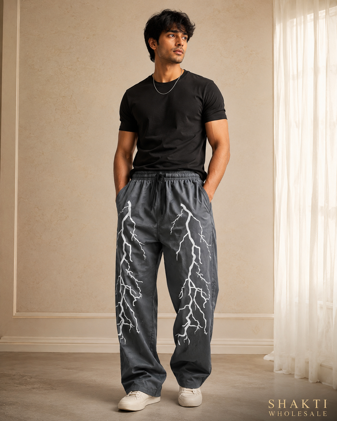 Mens Grey Lightning Print Baggy Trousers