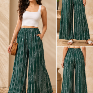 Green Ethnic Stripe Wide-Leg Palazzo