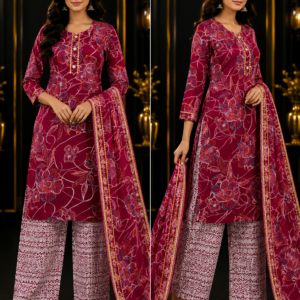 Maroon Floral Kurta, Chevron Palazzo & Dupatta Set